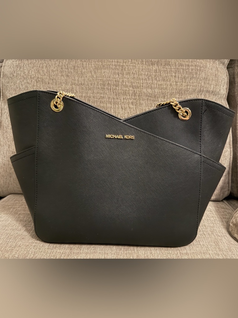 Michael Kors Black Saffiano Leather Tote with Gold Chain Handles